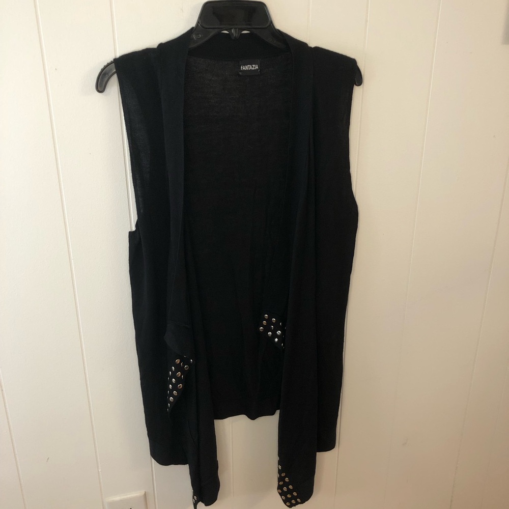 Fantazia Black Sleeveless Open-Front Stud-Accent Cardigan Vest Medium